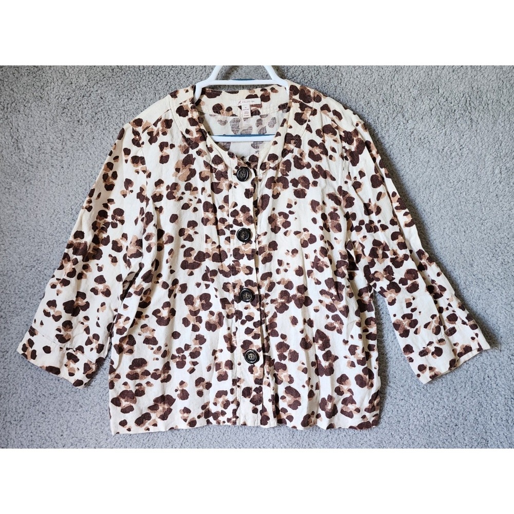 JM Collection Leopard Print 100% Linen Button Up Top Womens Size 14 3/4 Sleeve